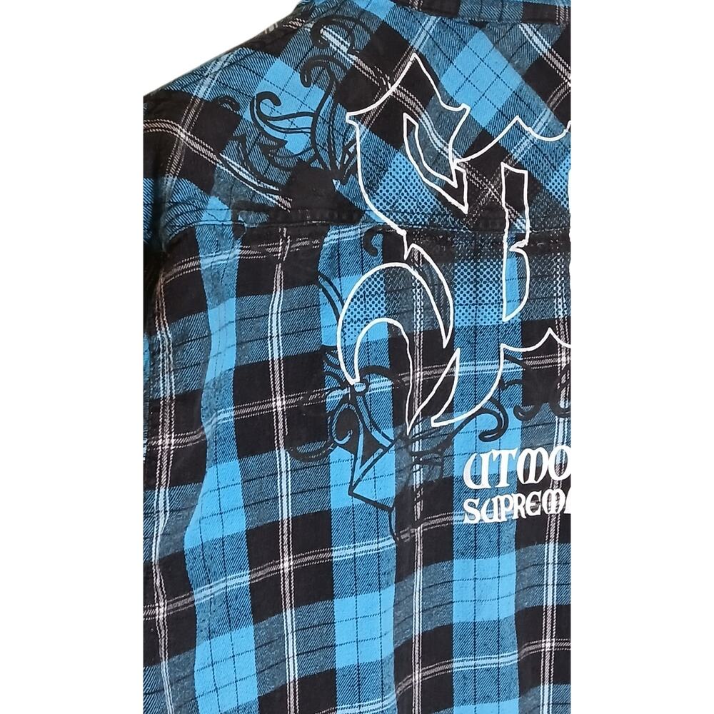 South Pole Mens XXL Blue Black Plaid Shirt Front Snap Long Sleeve Graphic Button - Picture 9 of 11